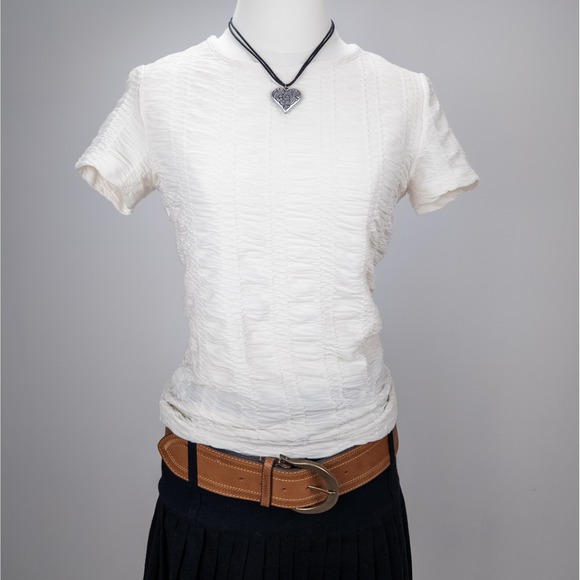 Y2K DKNY Textured White Fitted Tee - Minimalist Vintage Designer Top XS - Picture 1 of 6